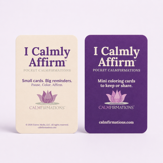 Two Calmfirmations pocket affirmation cards shown side by side on a light lavender background. The left card is cream with purple text and a purple lotus illustration, reading 'I Calmly Affirm'.