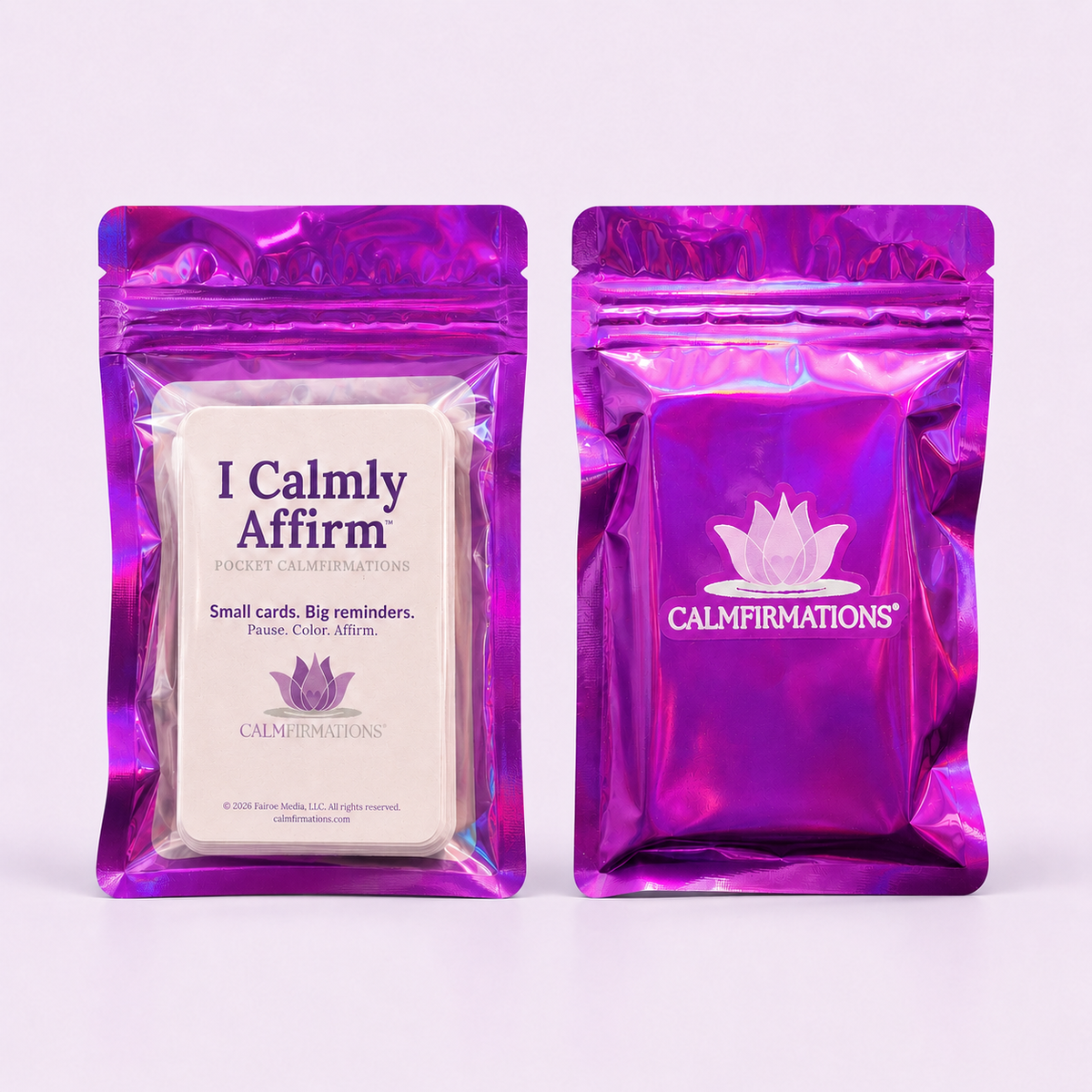 Two metallic purple stand-up pouches of 'I Calmly Affirm" by CALMFIRMATIONS pocket affirmation coloring cards on a light gray background. The left pouch is clear and shows a white card labeled 'I Calmly Affirm' with purple text and logo.